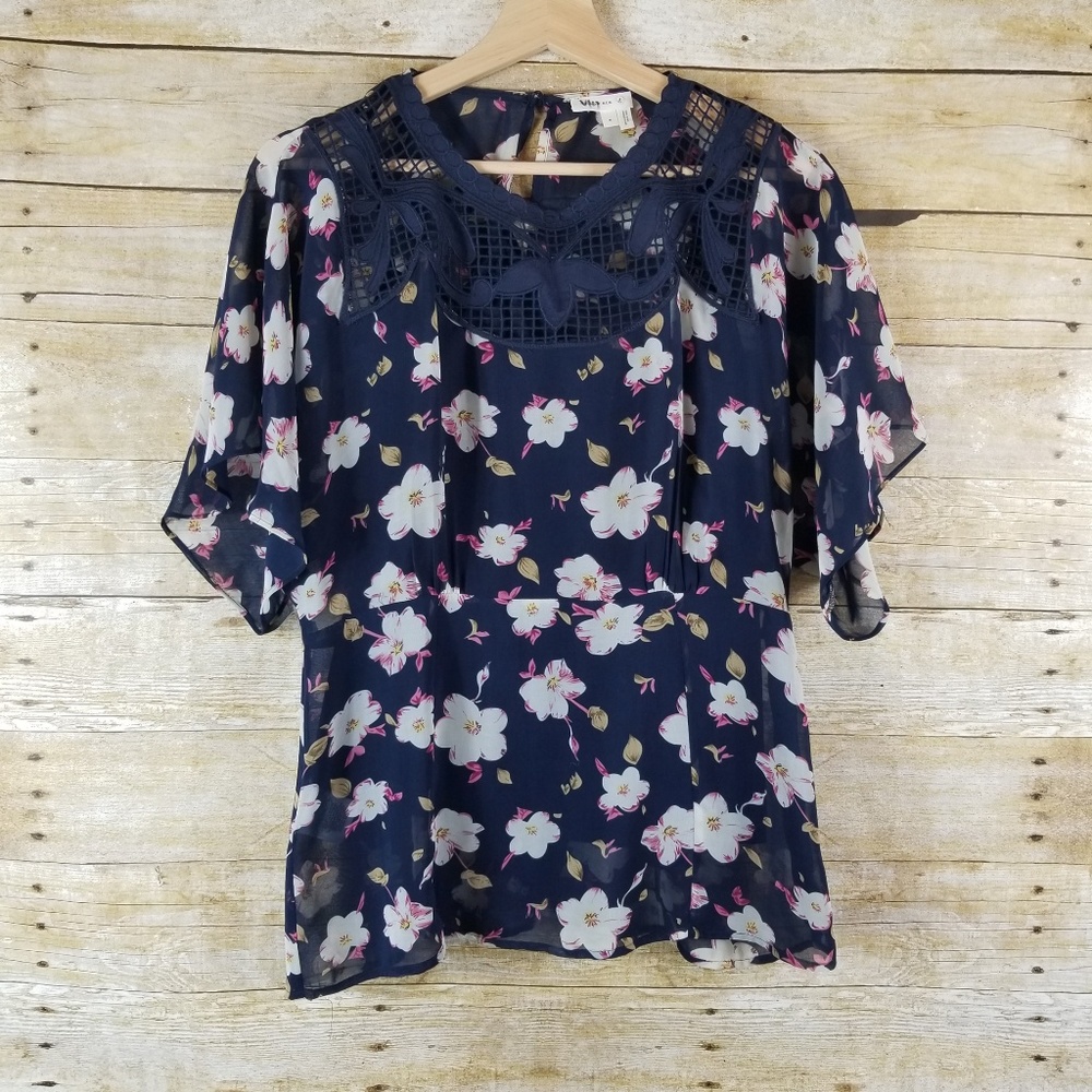 Meadow Rue Anthropologie Floral Blue Cano Top